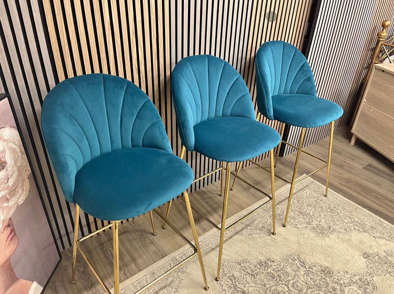 Set Of 3 Teal Velvet Barstools