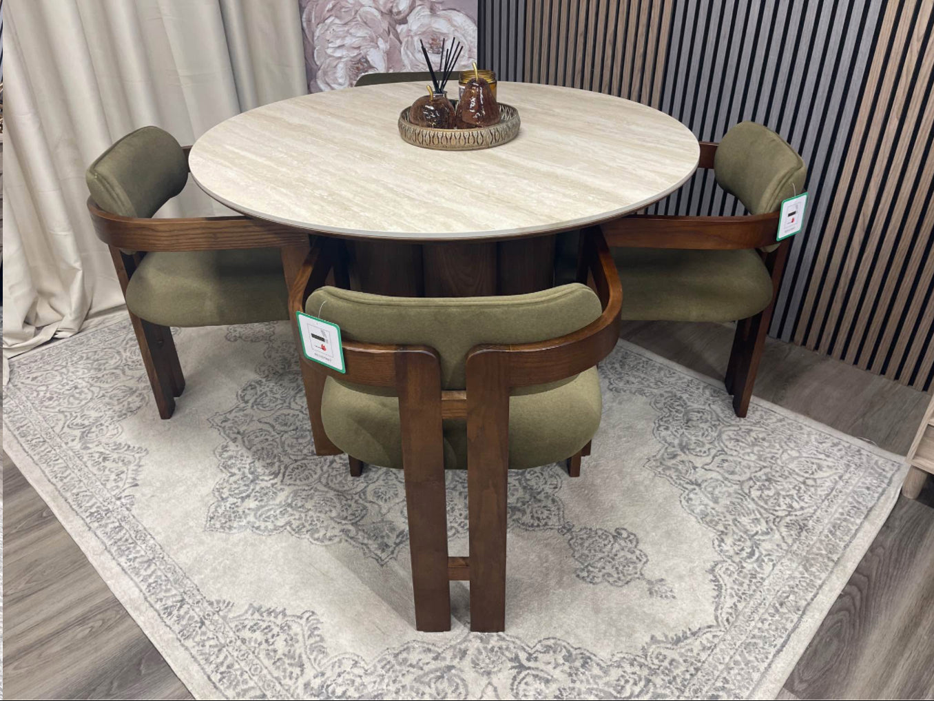 Round Stone Top Dining Table And 4 Moss Green Dining Chairs