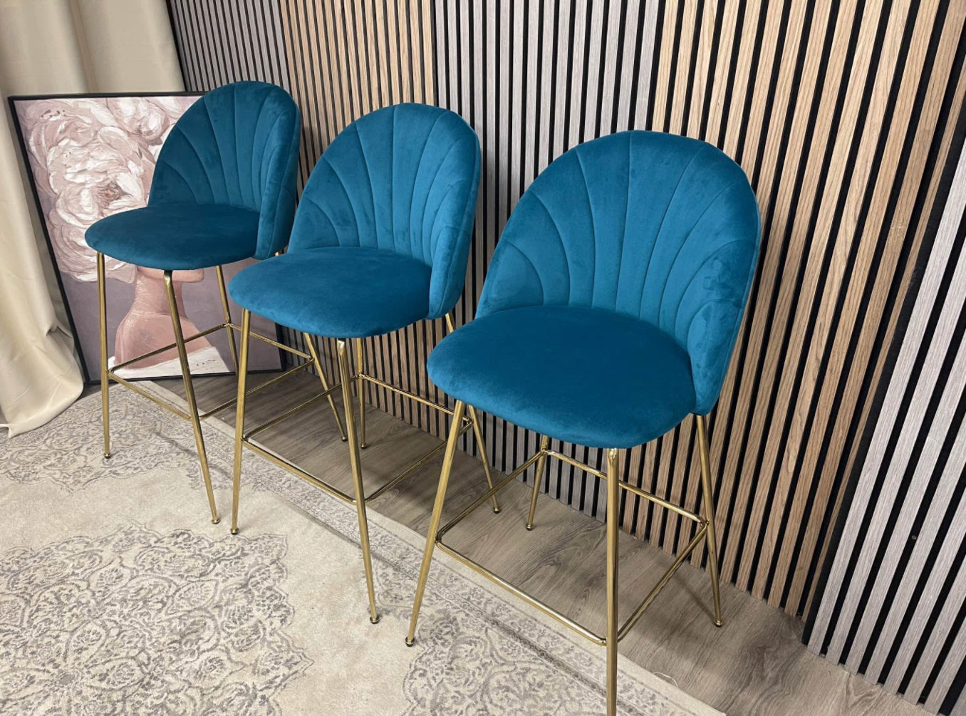 Set Of 3 Teal Velvet Barstools