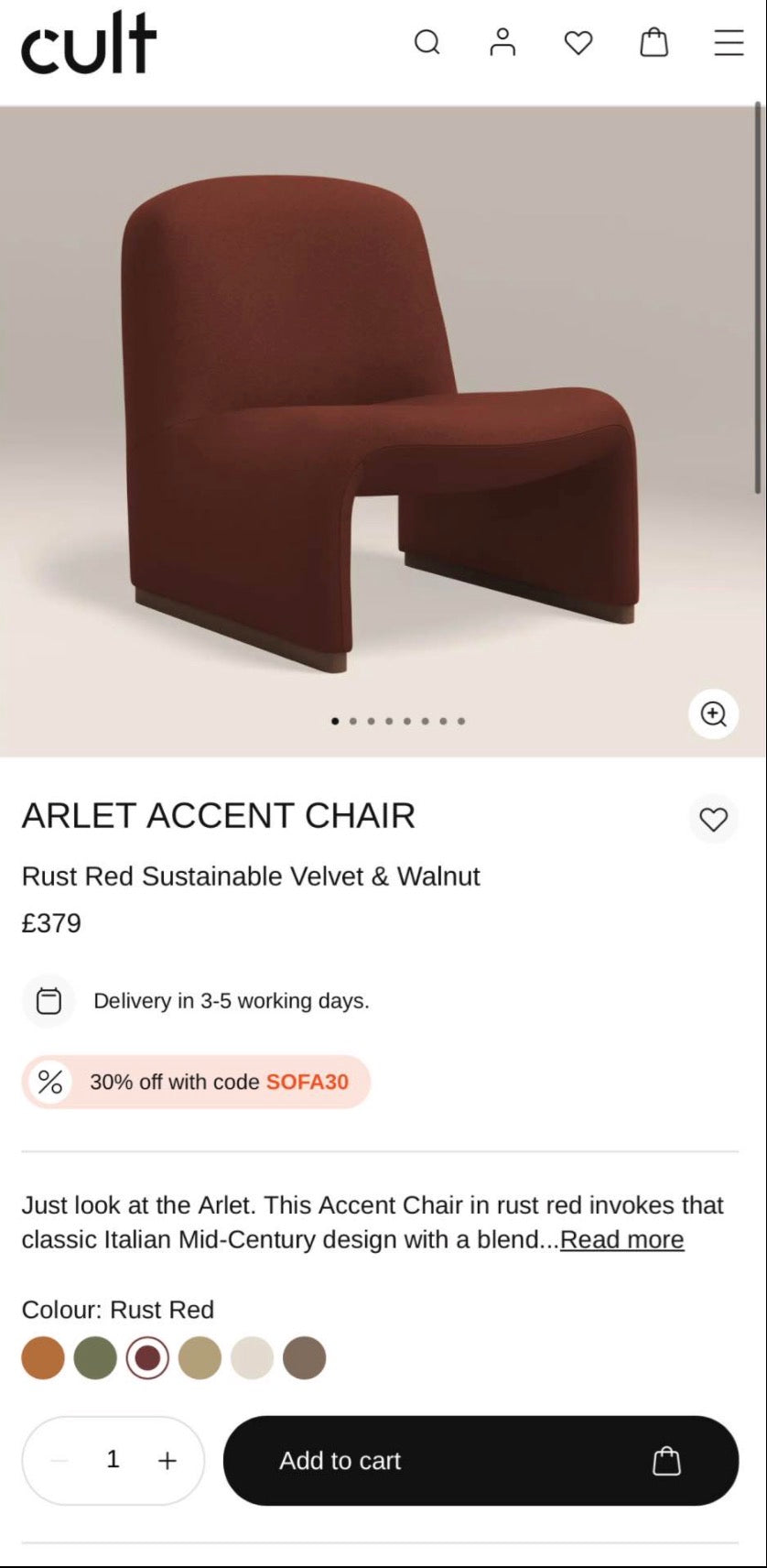 Arlet Rust Red Velvet Accent Chair