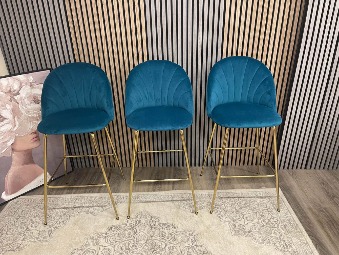 Set Of 3 Teal Velvet Barstools