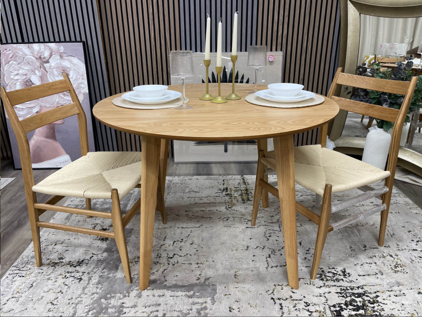 Round Oak Dining Table And 2 Wooden Dining Chairs