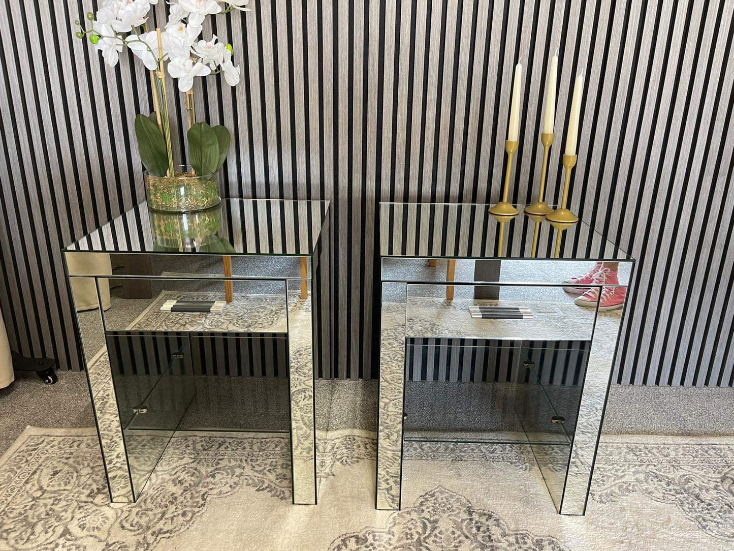 Mirrored besides tables x 2