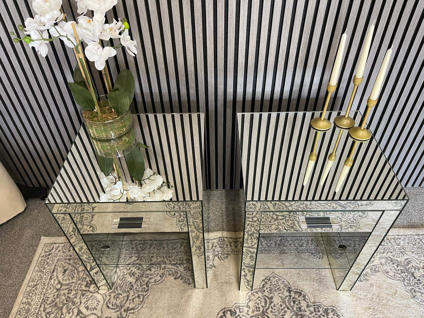 Mirrored besides tables x 2