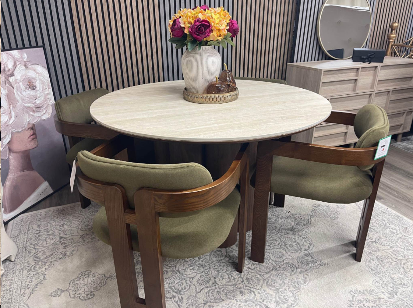 Round Stone Top Dining Table And 4 Moss Green Dining Chairs
