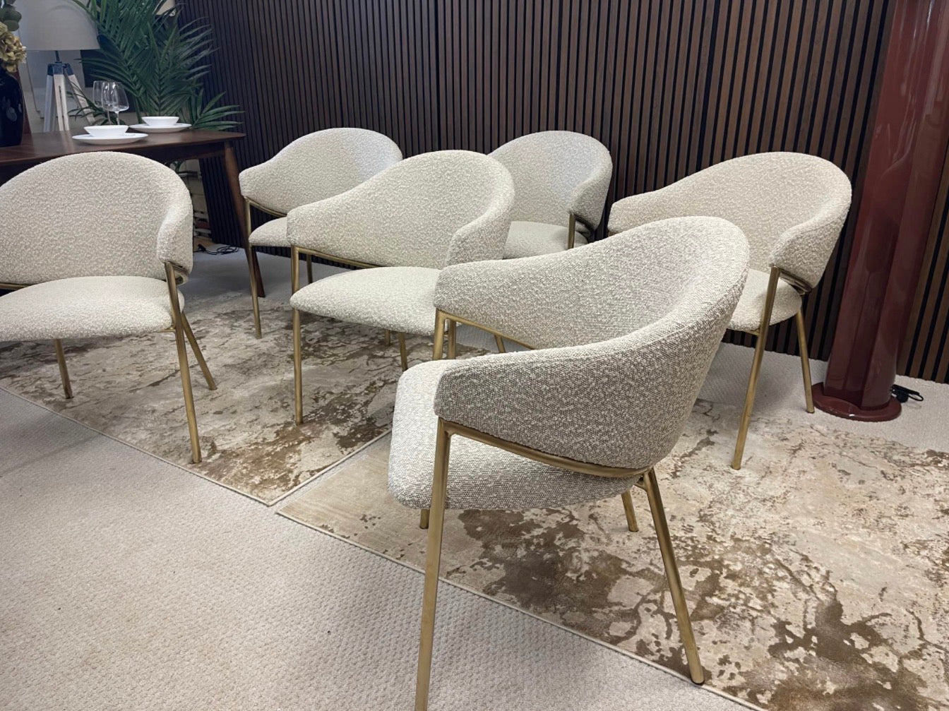 Speckled Stone Boucle Carver Dining Chairs x6
