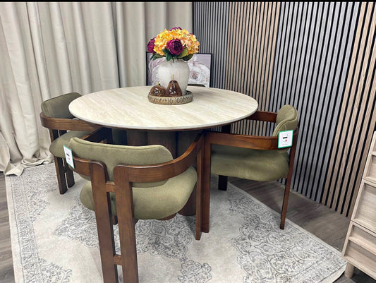 Round Stone Top Dining Table And 4 Moss Green Dining Chairs