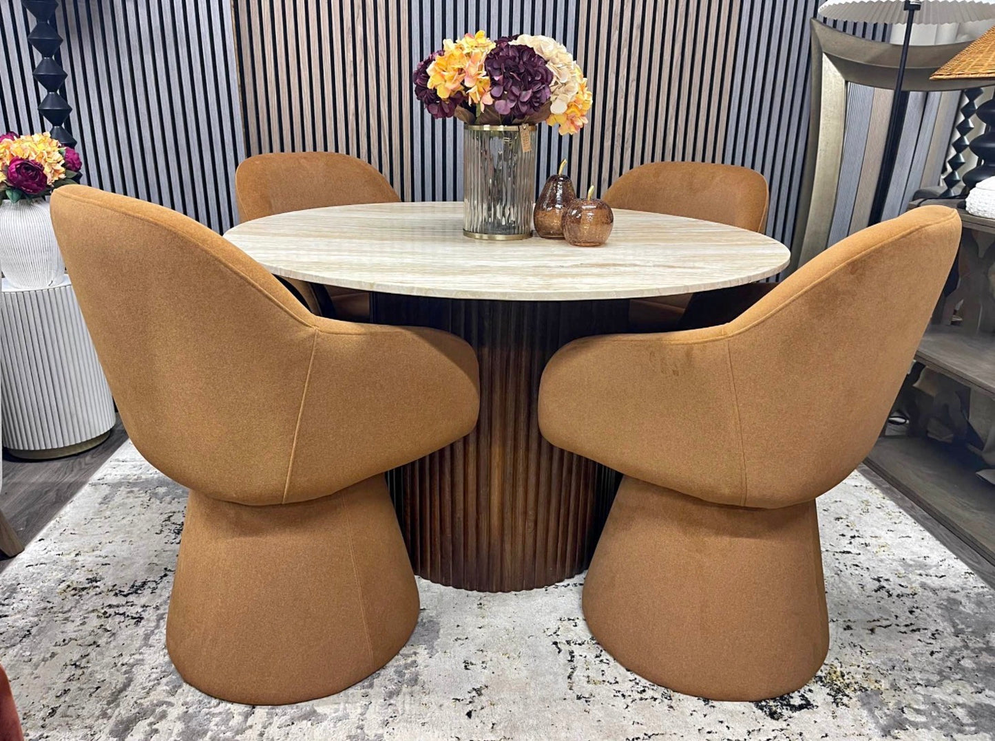 Medby Travertine Dining Table and 4 Herman Swivel Dining Chairs