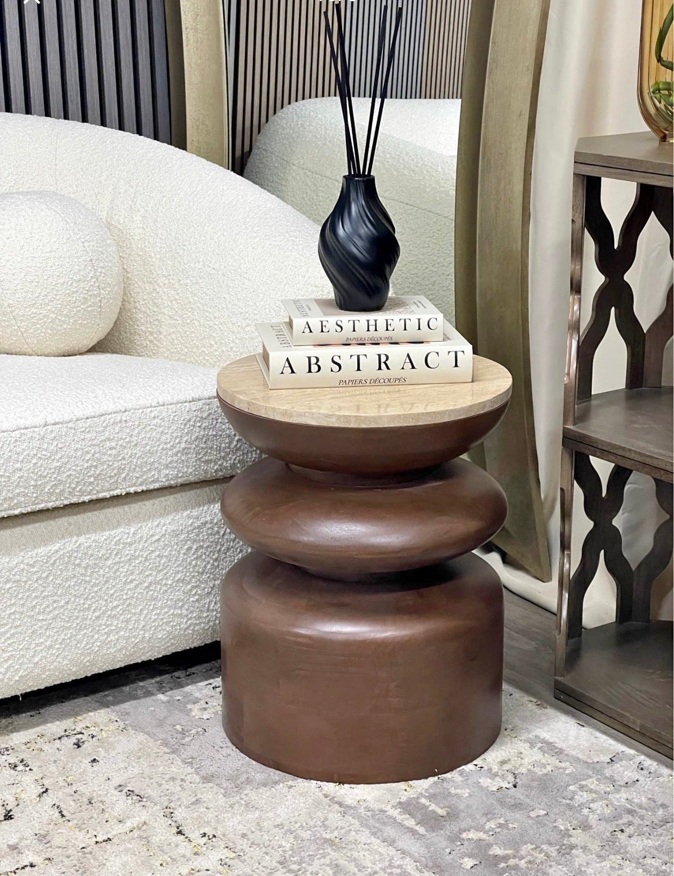 Round Walnut Side Table With Travertine Top