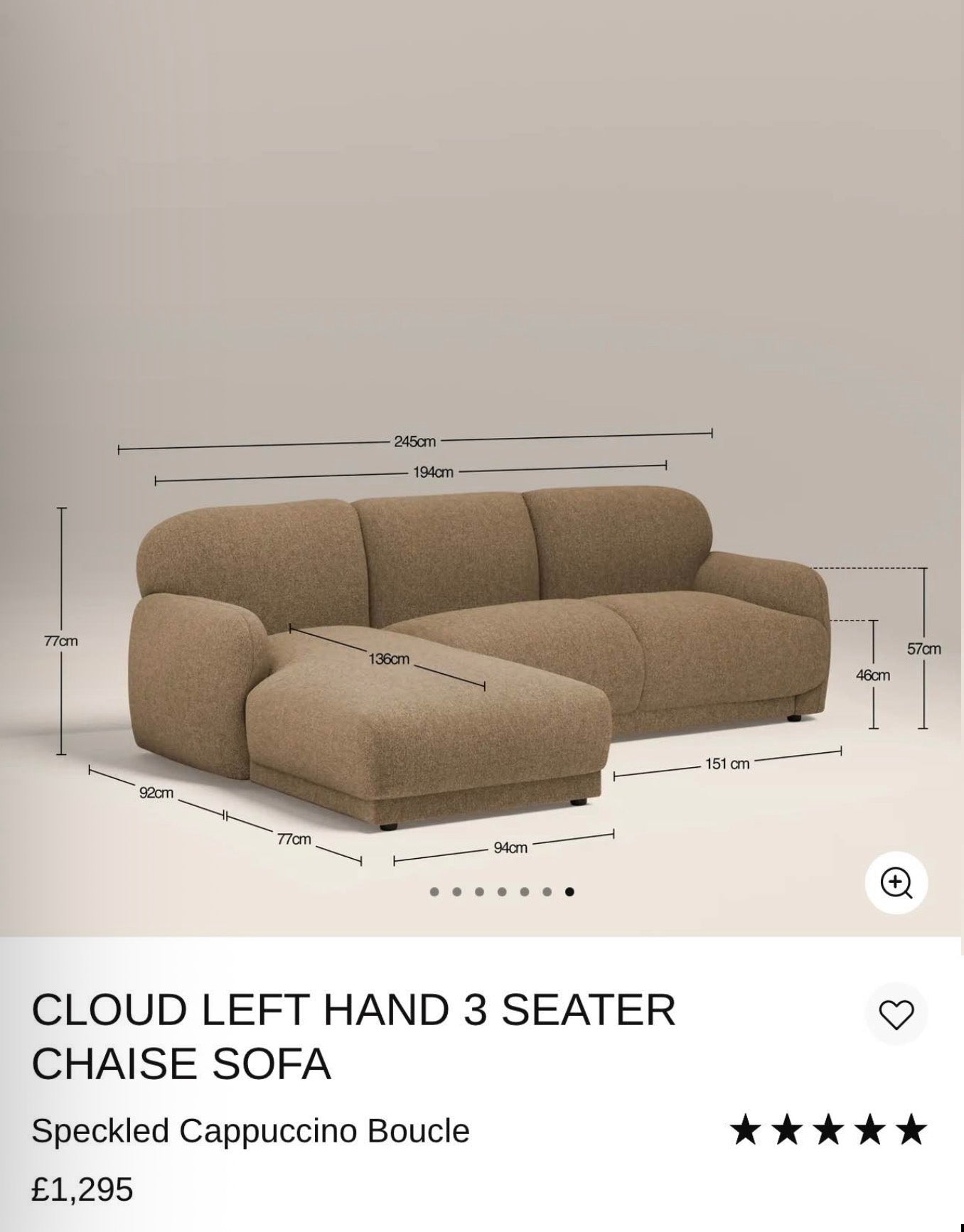 Cloud Left Hand Speckled Cappuccino Boucle  Chaise Sofa