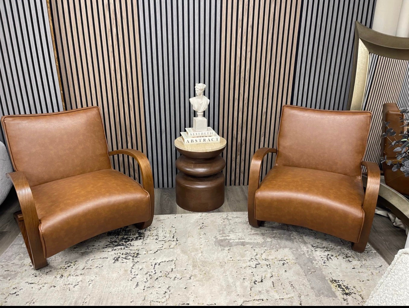 Set Of 2 Vintage Tan Faux Leather Accent Chairs