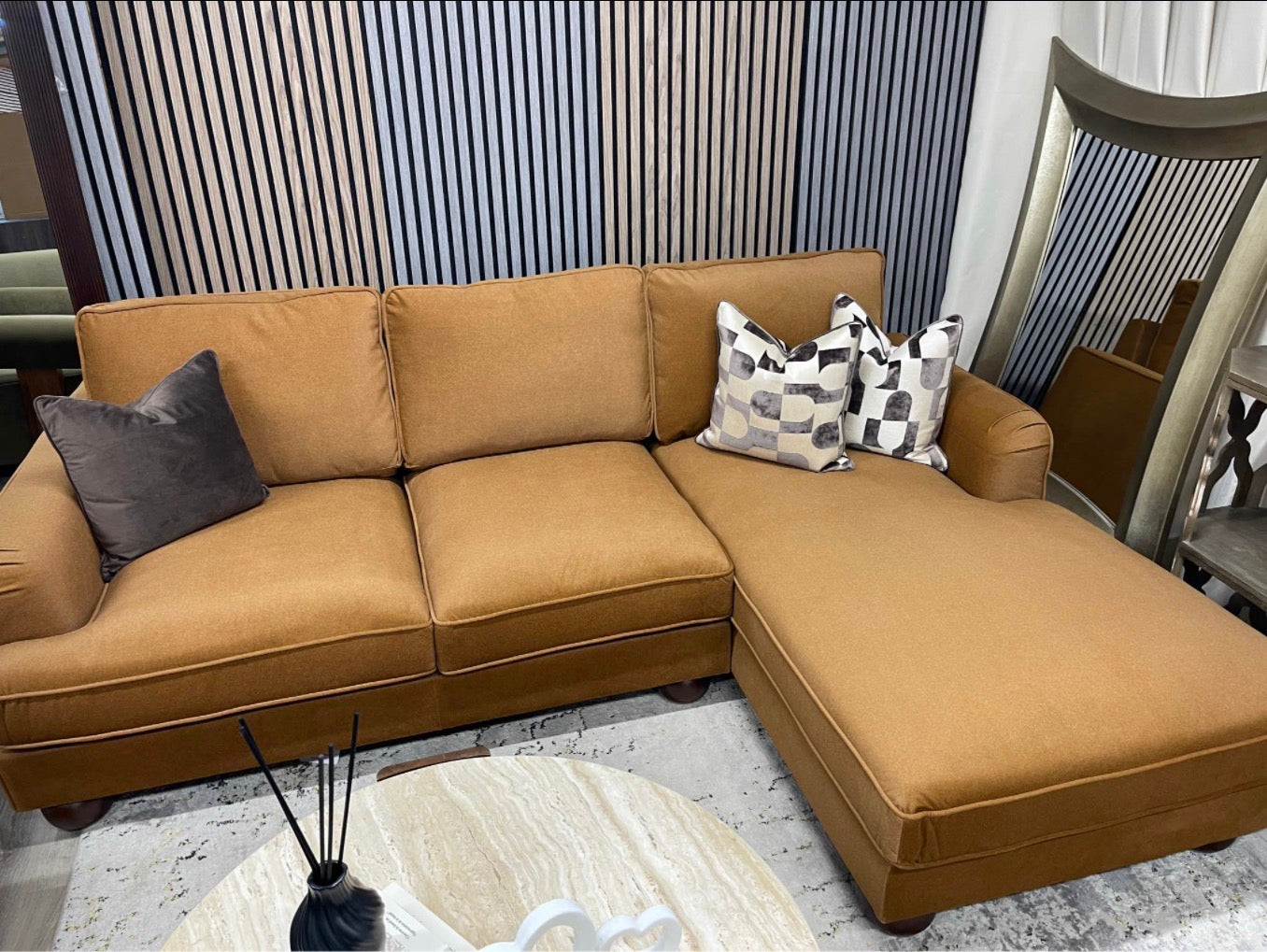 Nola Caramel Mohair Velvet Right Hand Chaise Sofa