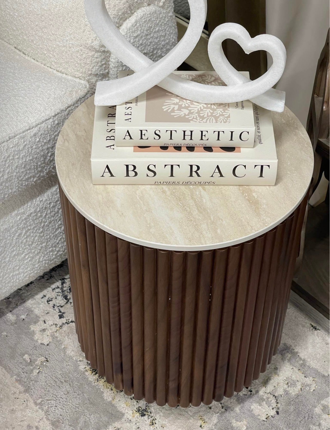 Round Storage Side Table With Travertine Top