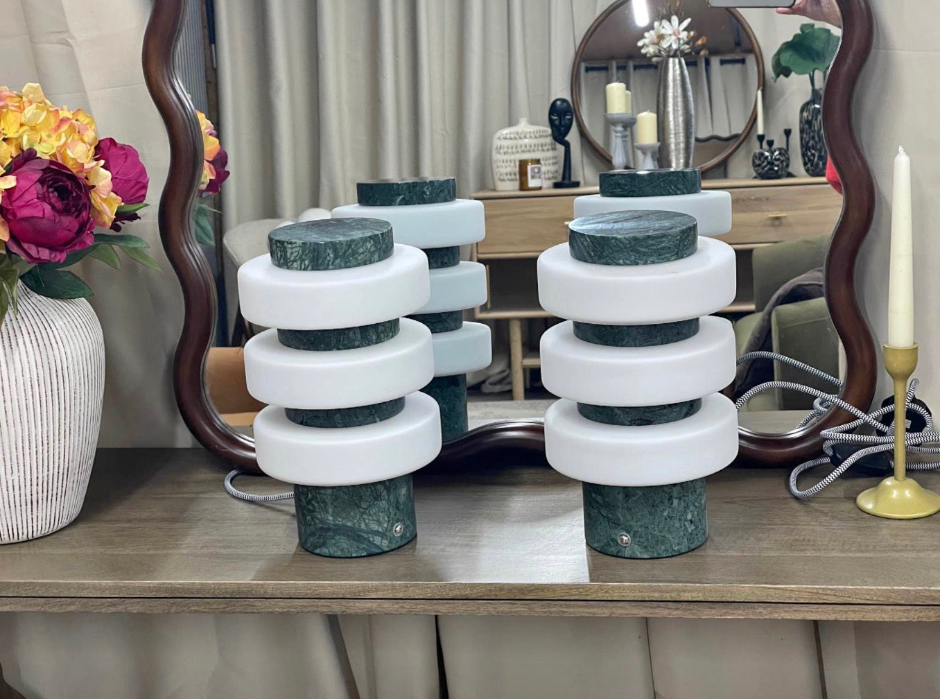 Set Of 2 Green Marble Table Lamps