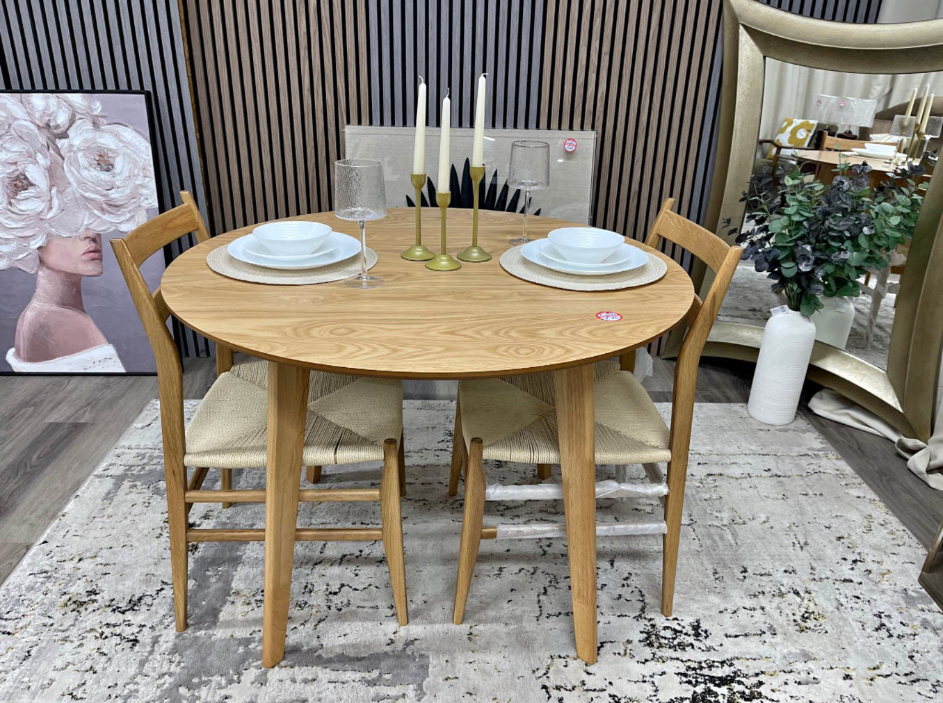 Round Oak Dining Table And 2 Wooden Dining Chairs