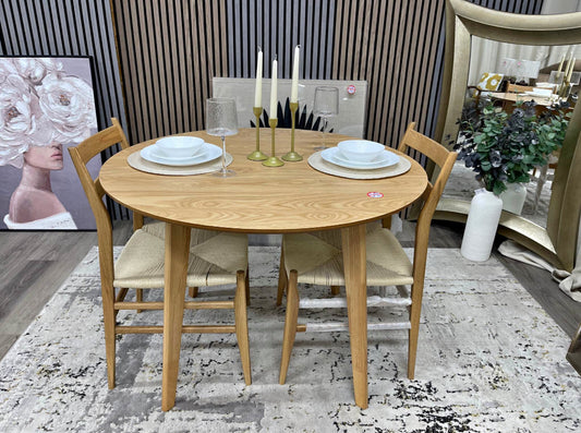 Round Oak Dining Table And 2 Wooden Dining Chairs