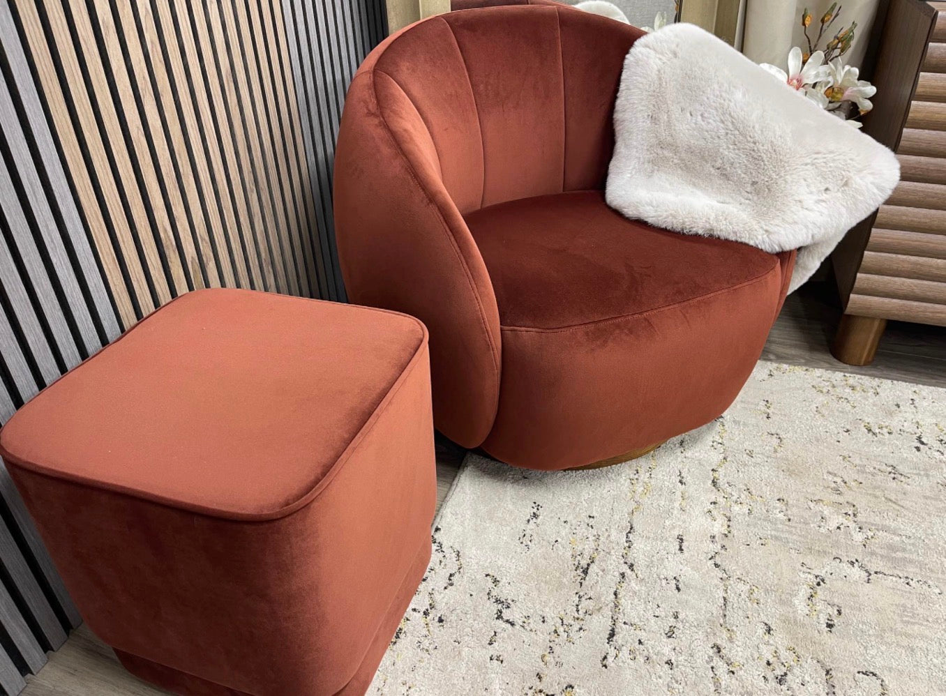 Set Of Swivel Velvet Armchair and Velvet Pouffe