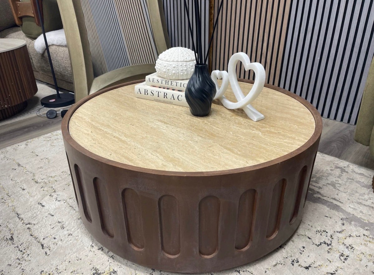 Natural Travertine&Walnut Coffee Table