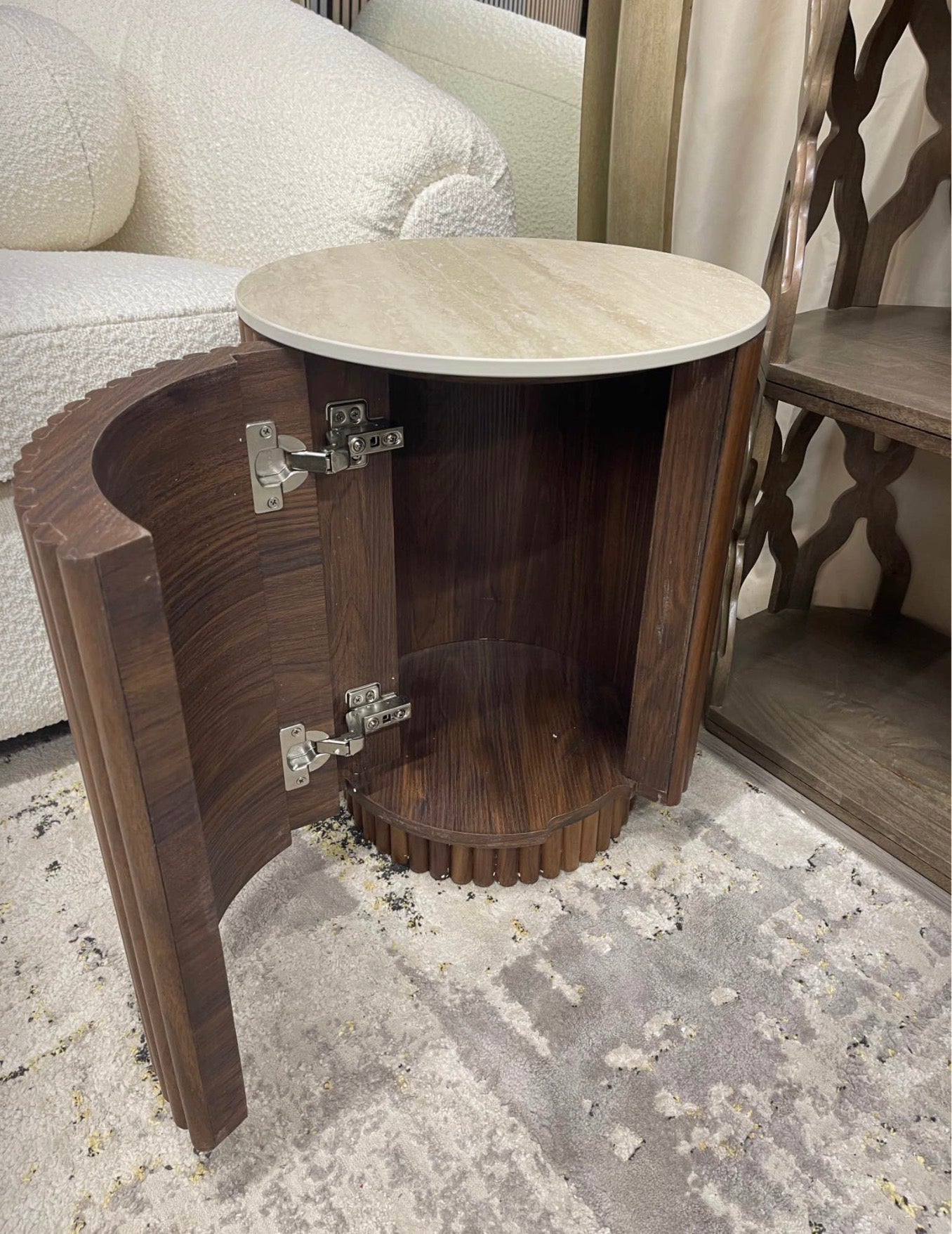 Round Storage Side Table With Travertine Top