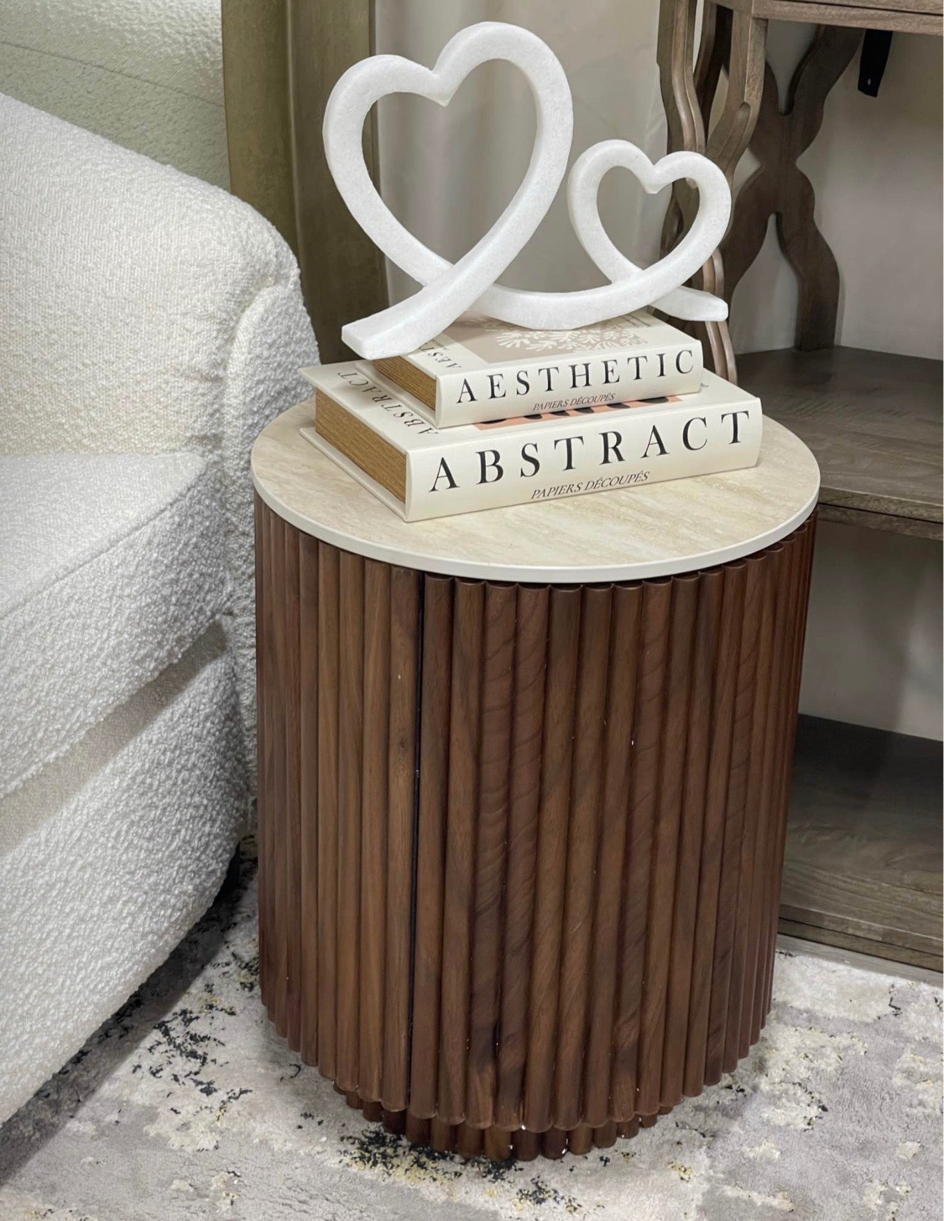 Round Storage Side Table With Travertine Top