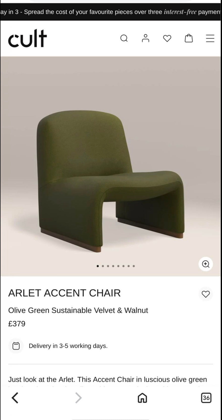 Arlet Olive Green Velvet Accent Chair