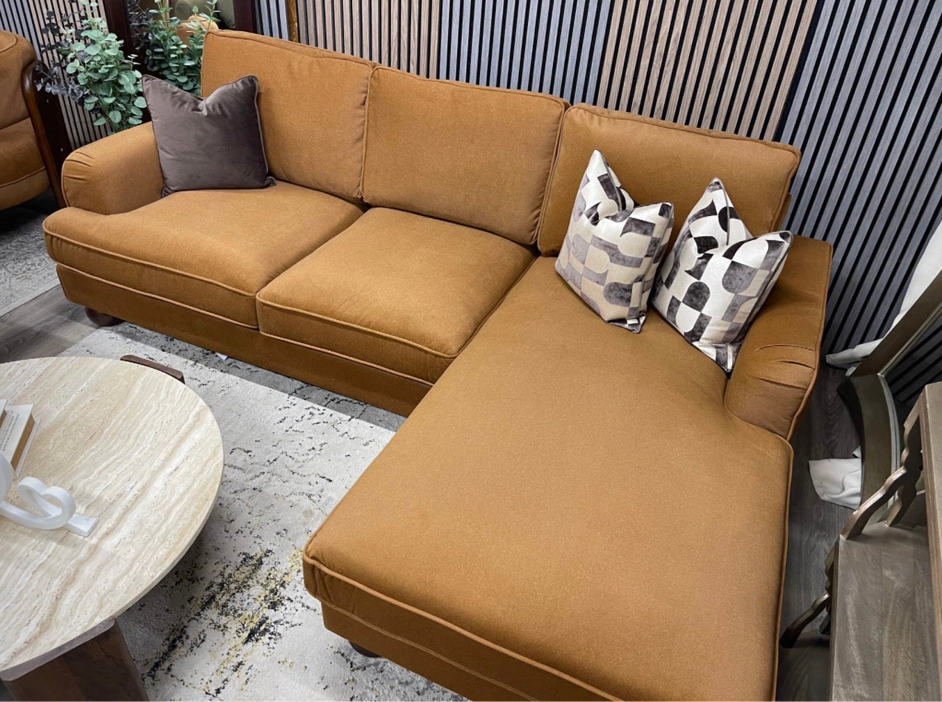 Nola Caramel Mohair Velvet Right Hand Chaise Sofa