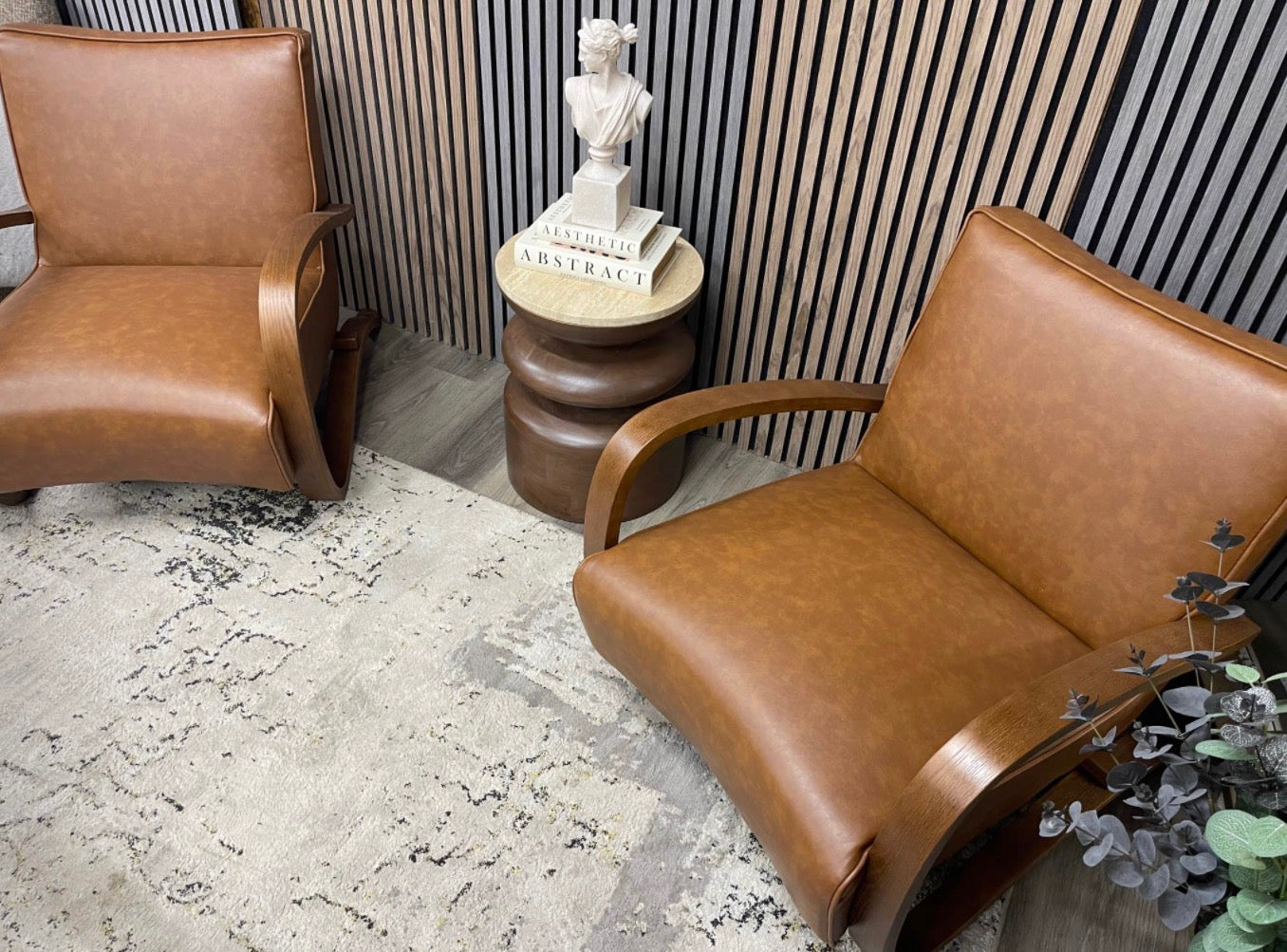 Set Of 2 Vintage Tan Faux Leather Accent Chairs