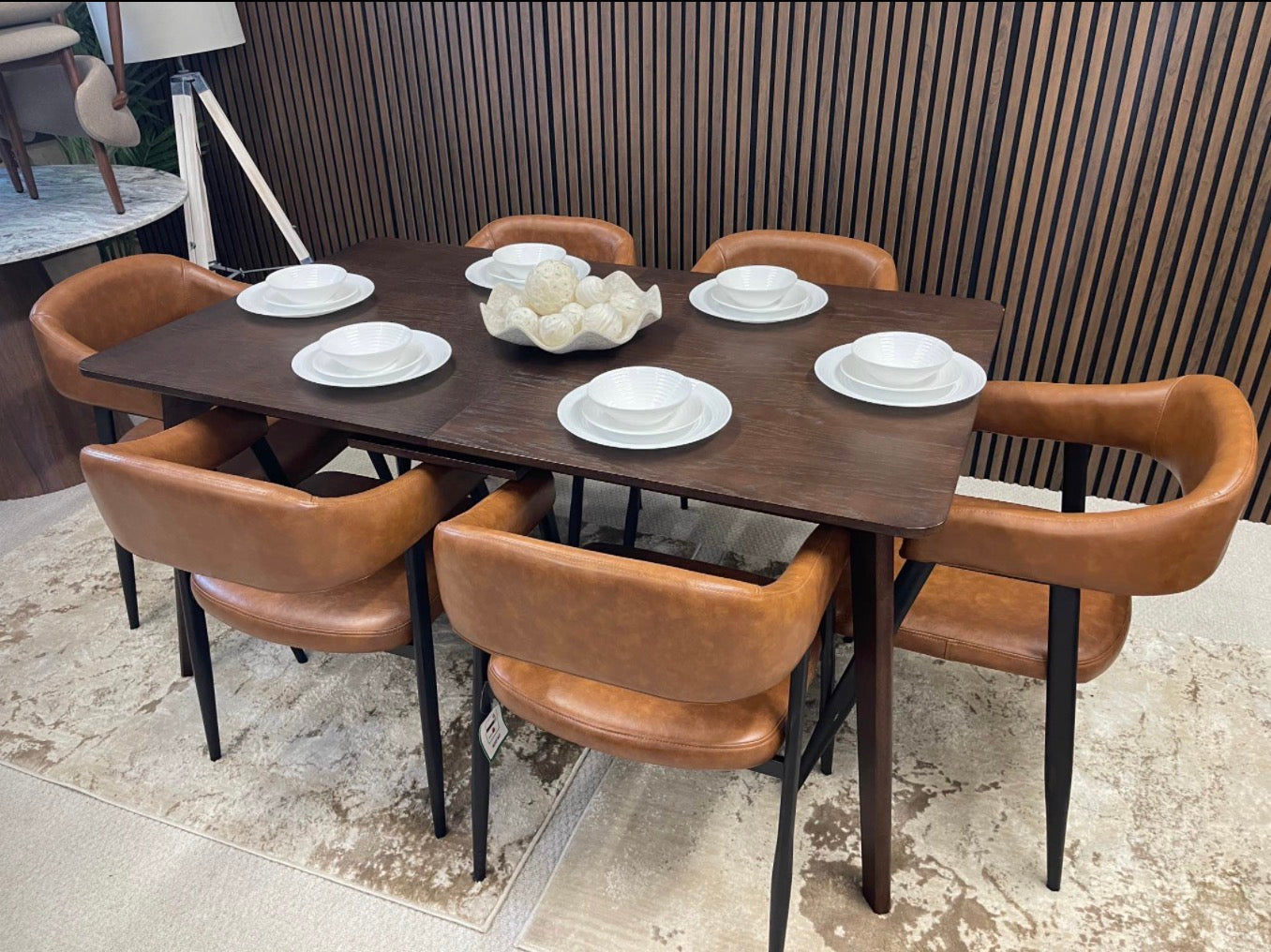 Walnut Extendable Rectangle Dining Table And 6 Faux Tan Leather Dining Chairs