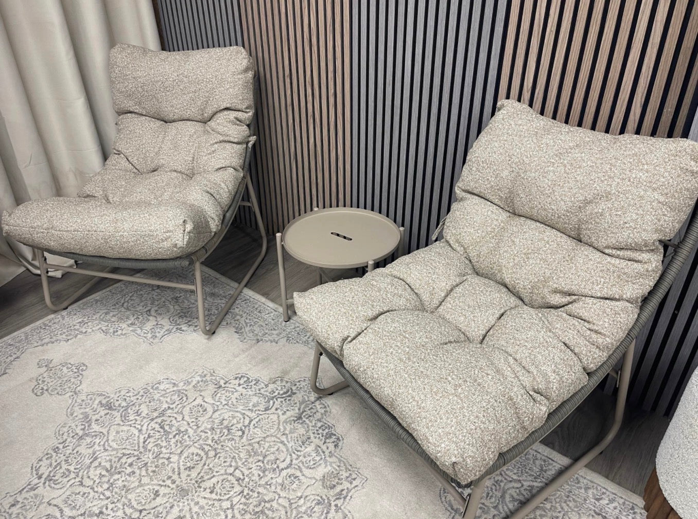 Odessa Garden Bistro Lounge Set Natural Boucle And Taupe Metal Frame