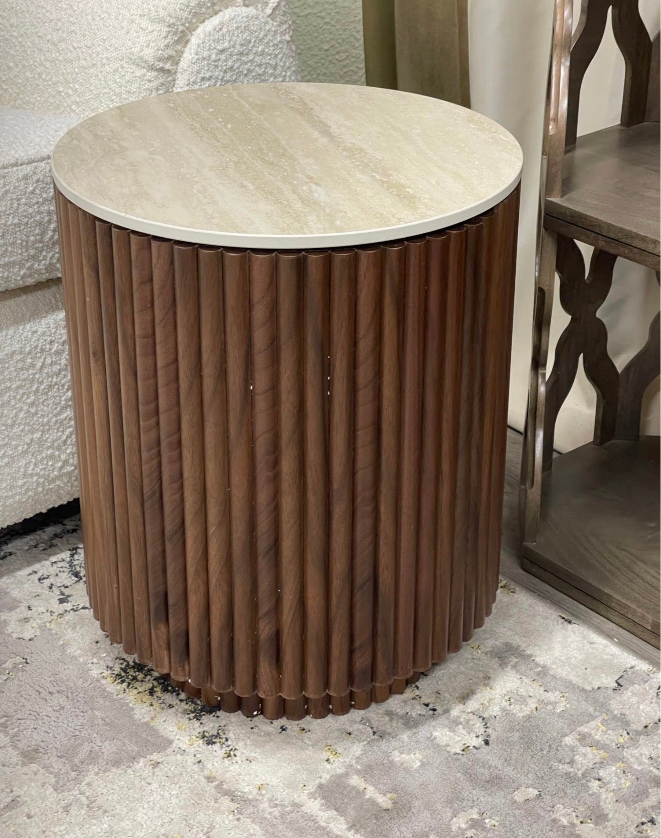 Round Storage Side Table With Travertine Top