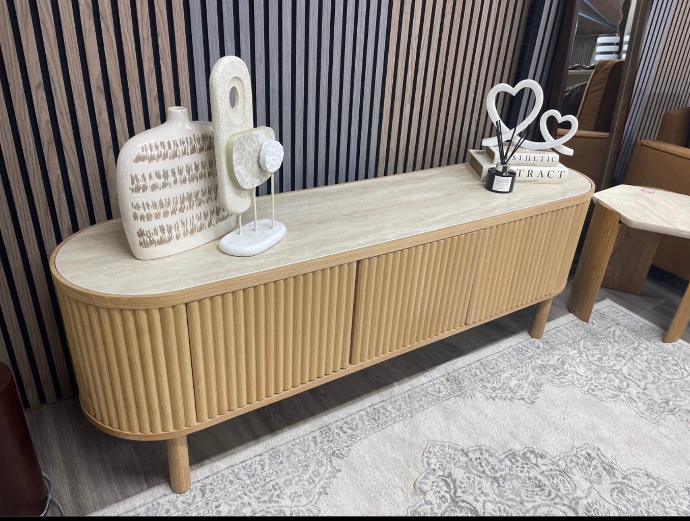 Santana Natural Travertine Stone And Oak Tv Stand