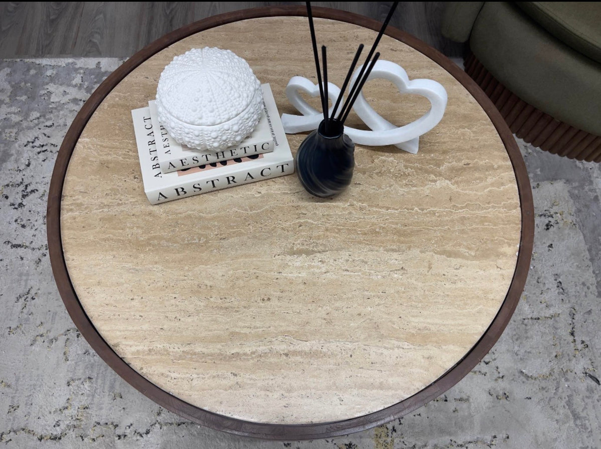 Natural Travertine&Walnut Coffee Table