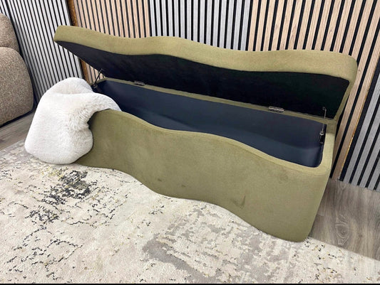 Moss Green Mohair Velvet Storage Ottoman