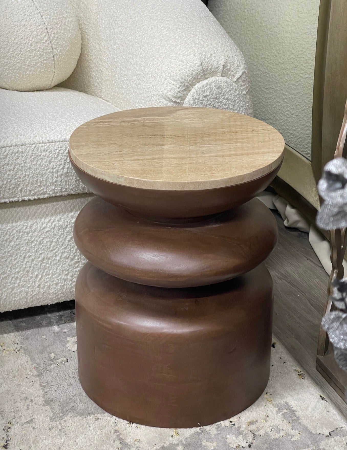 Round Walnut Side Table With Travertine Top