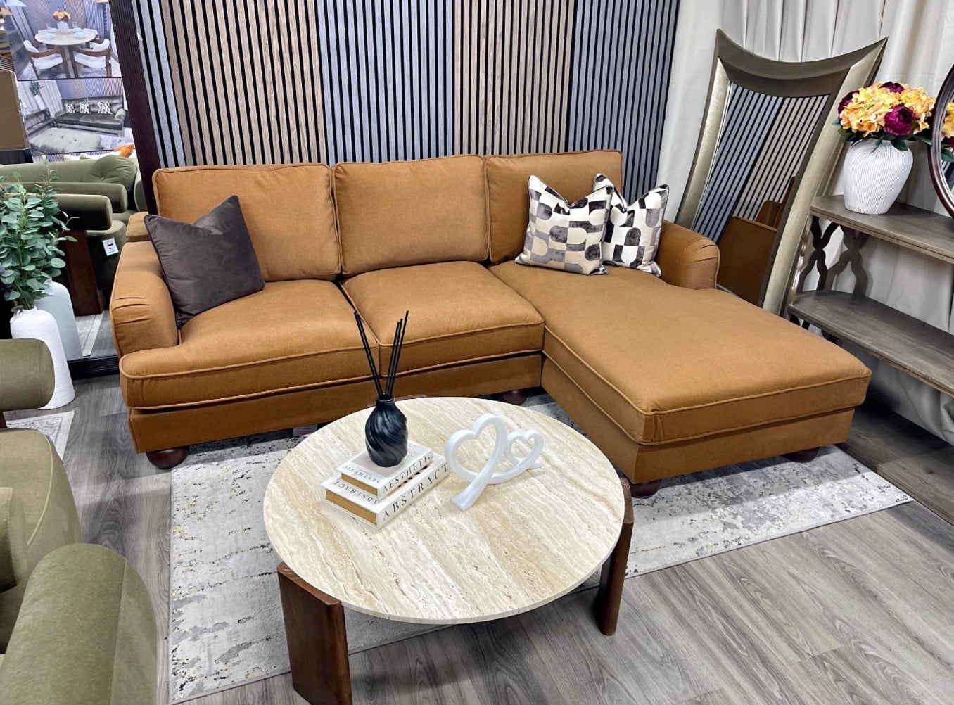 Nola Caramel Mohair Velvet Right Hand Chaise Sofa