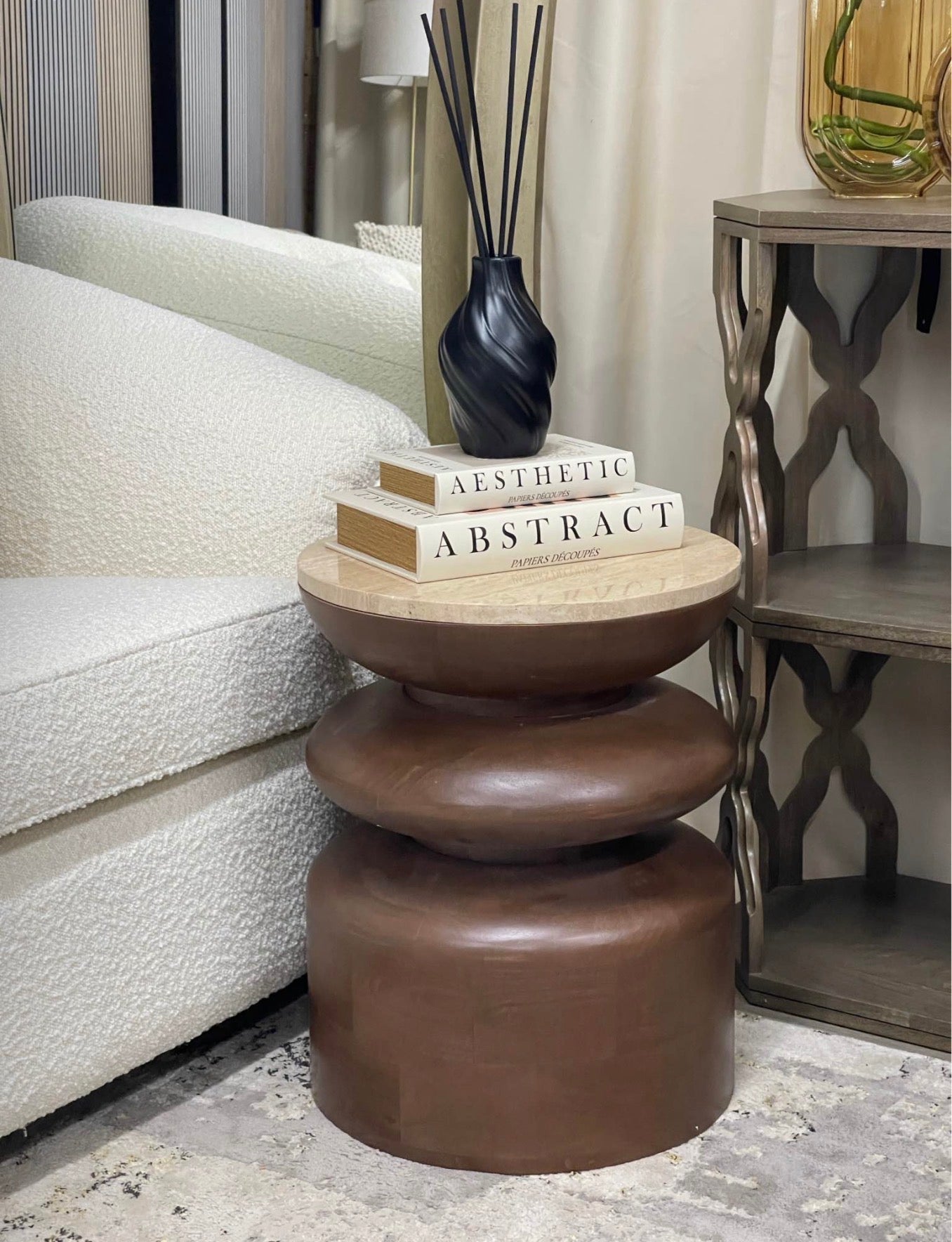 Round Walnut Side Table With Travertine Top
