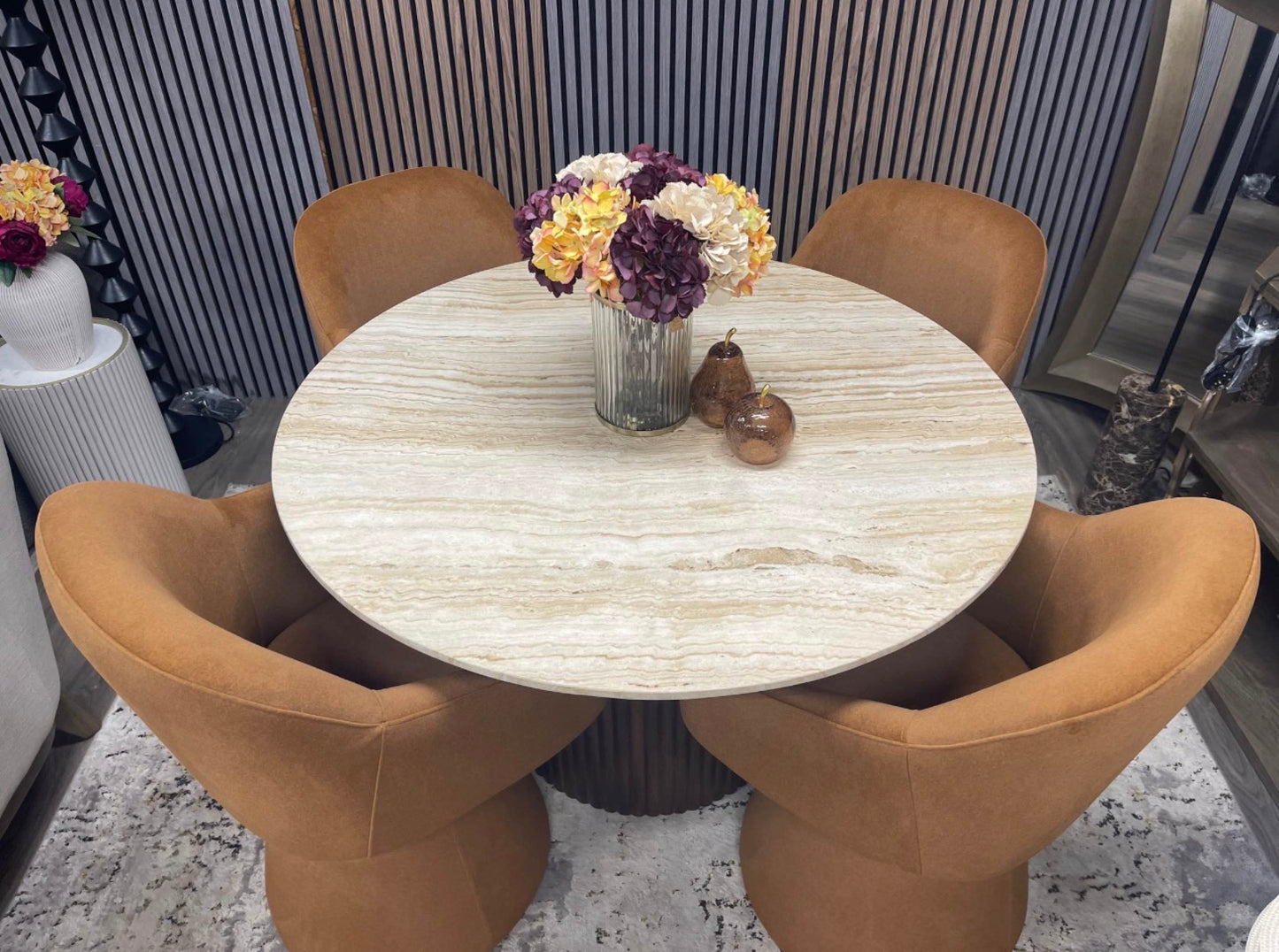 Medby Travertine Dining Table and 4 Herman Swivel Dining Chairs