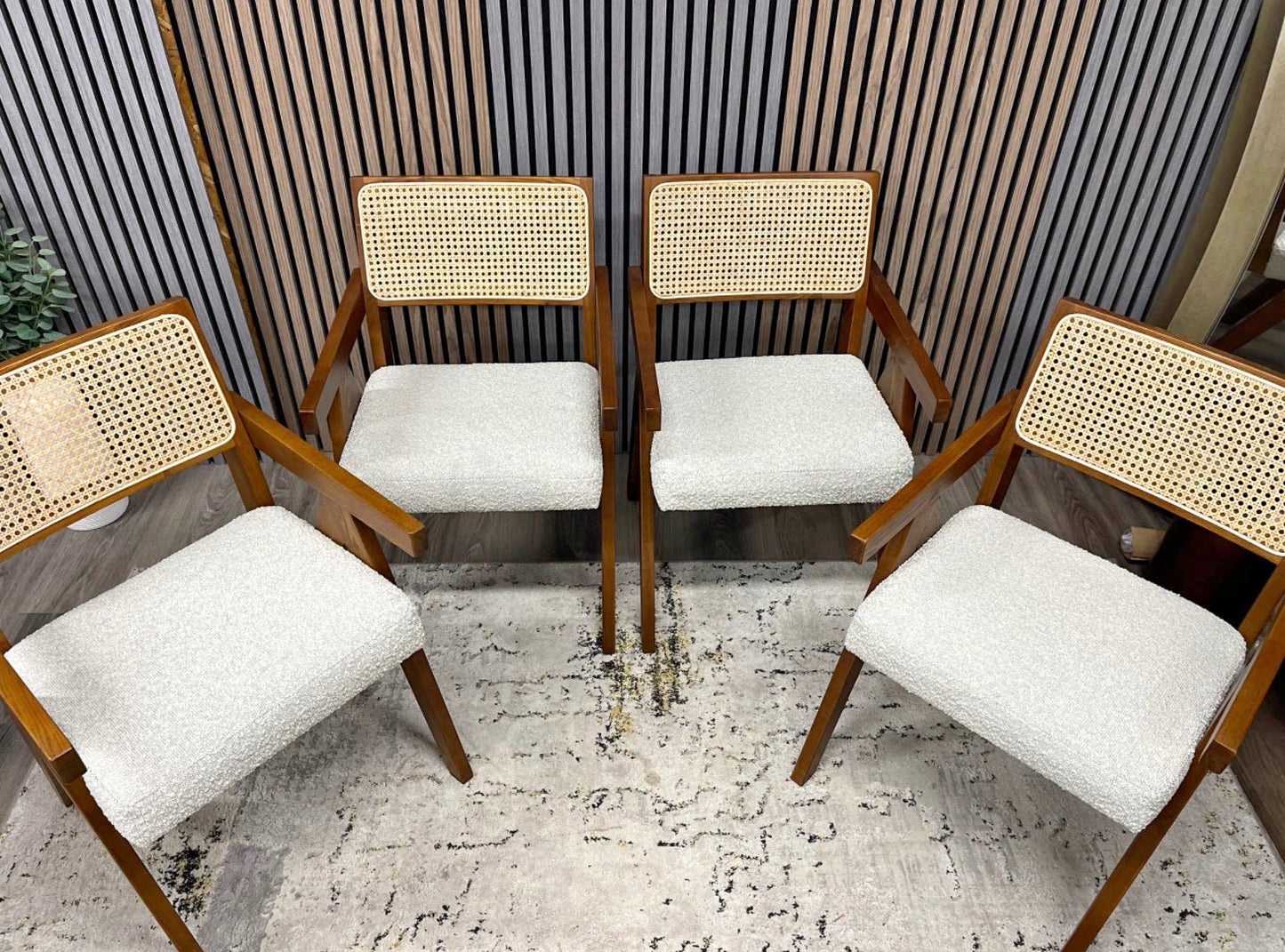 Speckled Stone Boucle And Rattan Dining Chairs X4