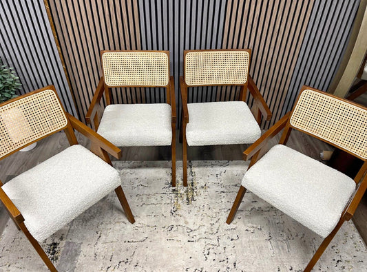 Speckled Stone Boucle And Rattan Dining Chairs X4