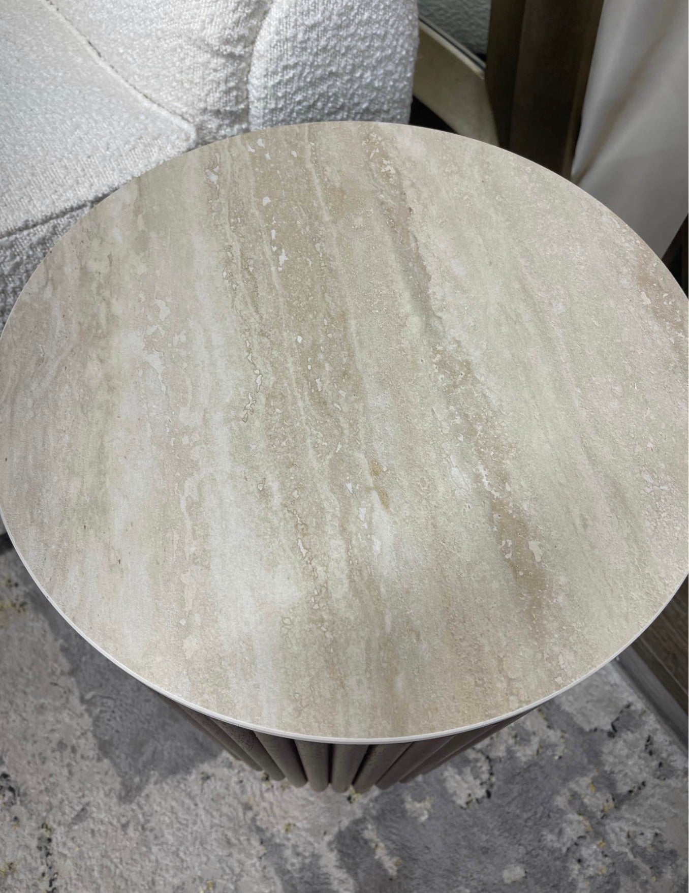 Round Storage Side Table With Travertine Top