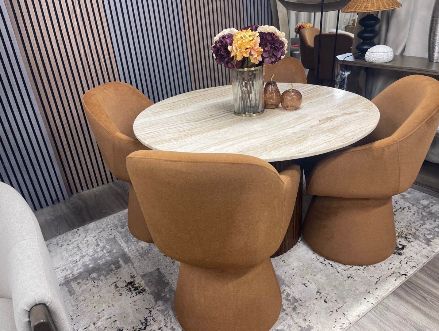 Medby Travertine Dining Table and 4 Herman Swivel Dining Chairs