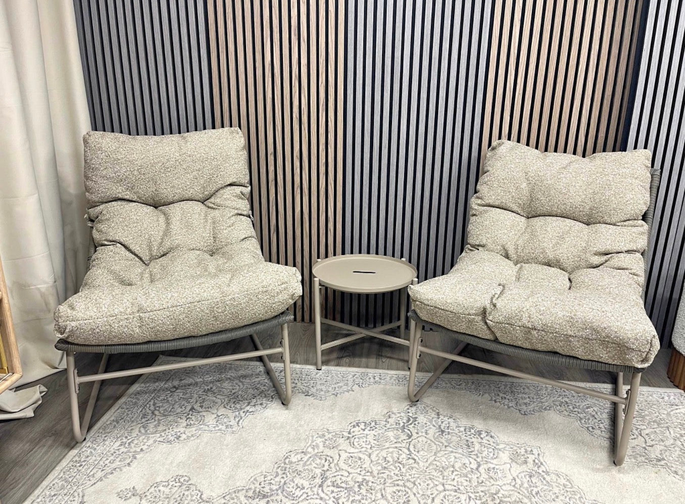 Odessa Garden Bistro Lounge Set Natural Boucle And Taupe Metal Frame
