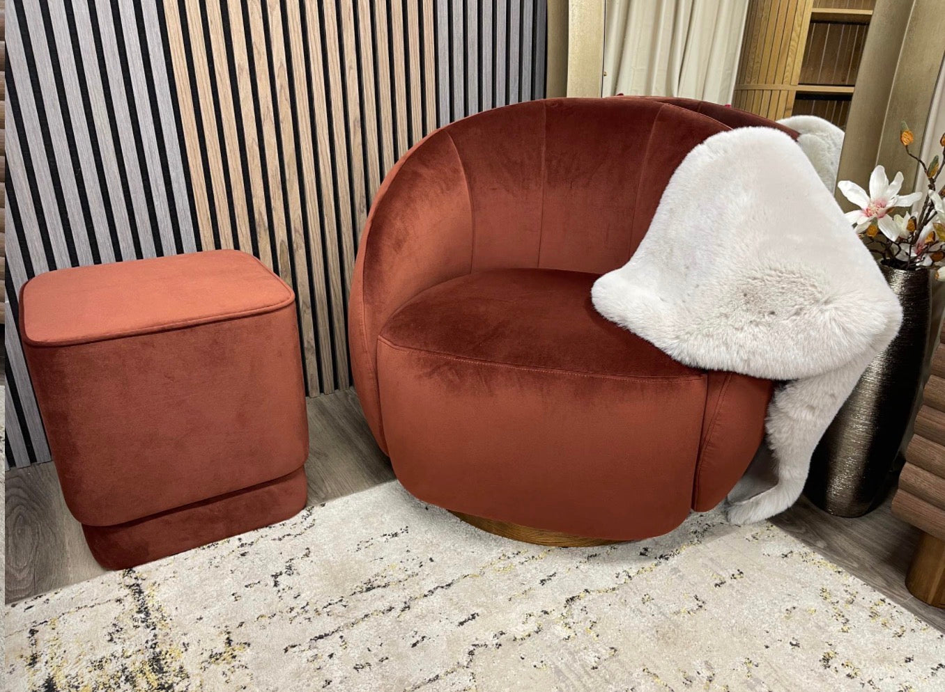 Set Of Swivel Velvet Armchair and Velvet Pouffe