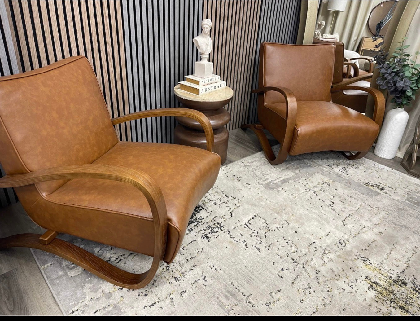 Set Of 2 Vintage Tan Faux Leather Accent Chairs