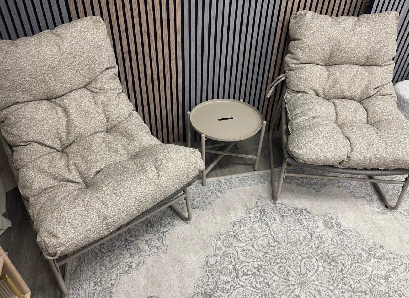 Odessa Garden Bistro Lounge Set Natural Boucle And Taupe Metal Frame