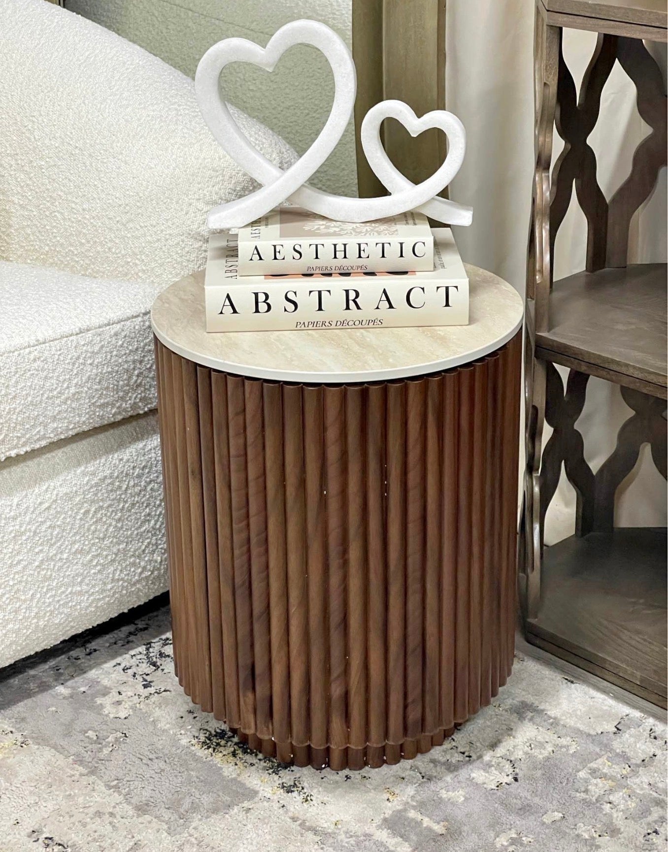 Round Storage Side Table With Travertine Top
