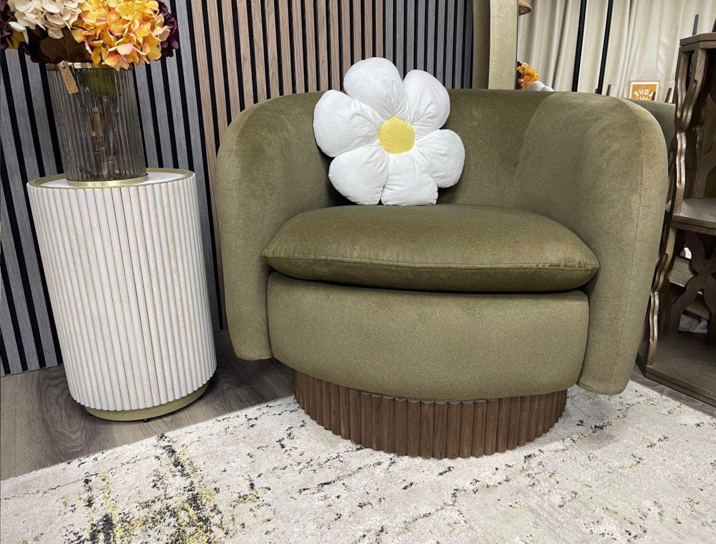 Moss Green Mohair Velvet Viva Swivel Armchair