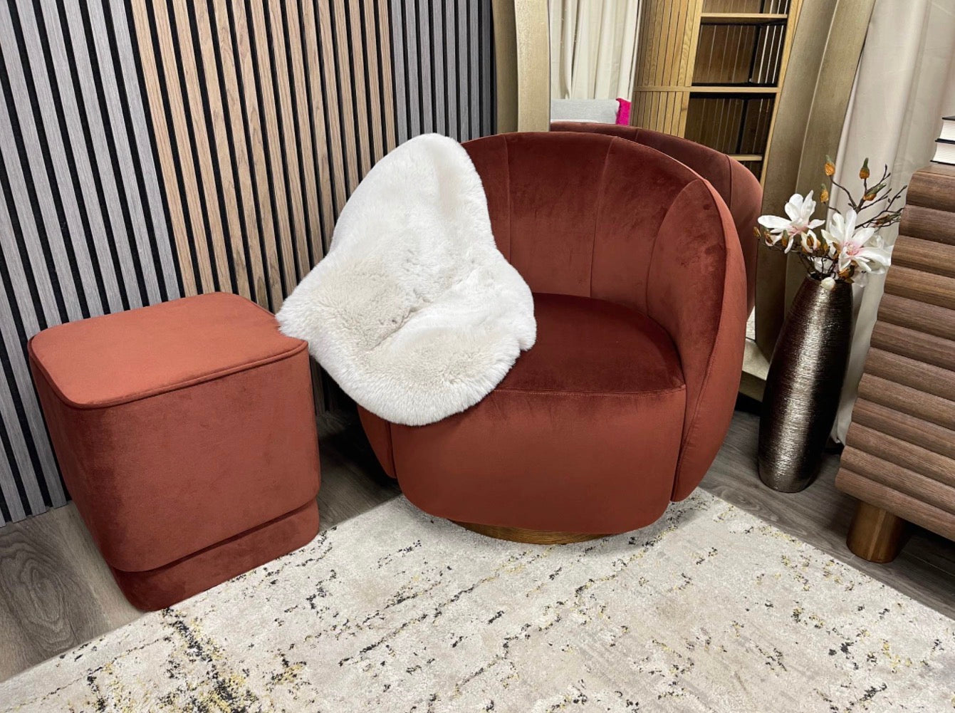 Set Of Swivel Velvet Armchair and Velvet Pouffe