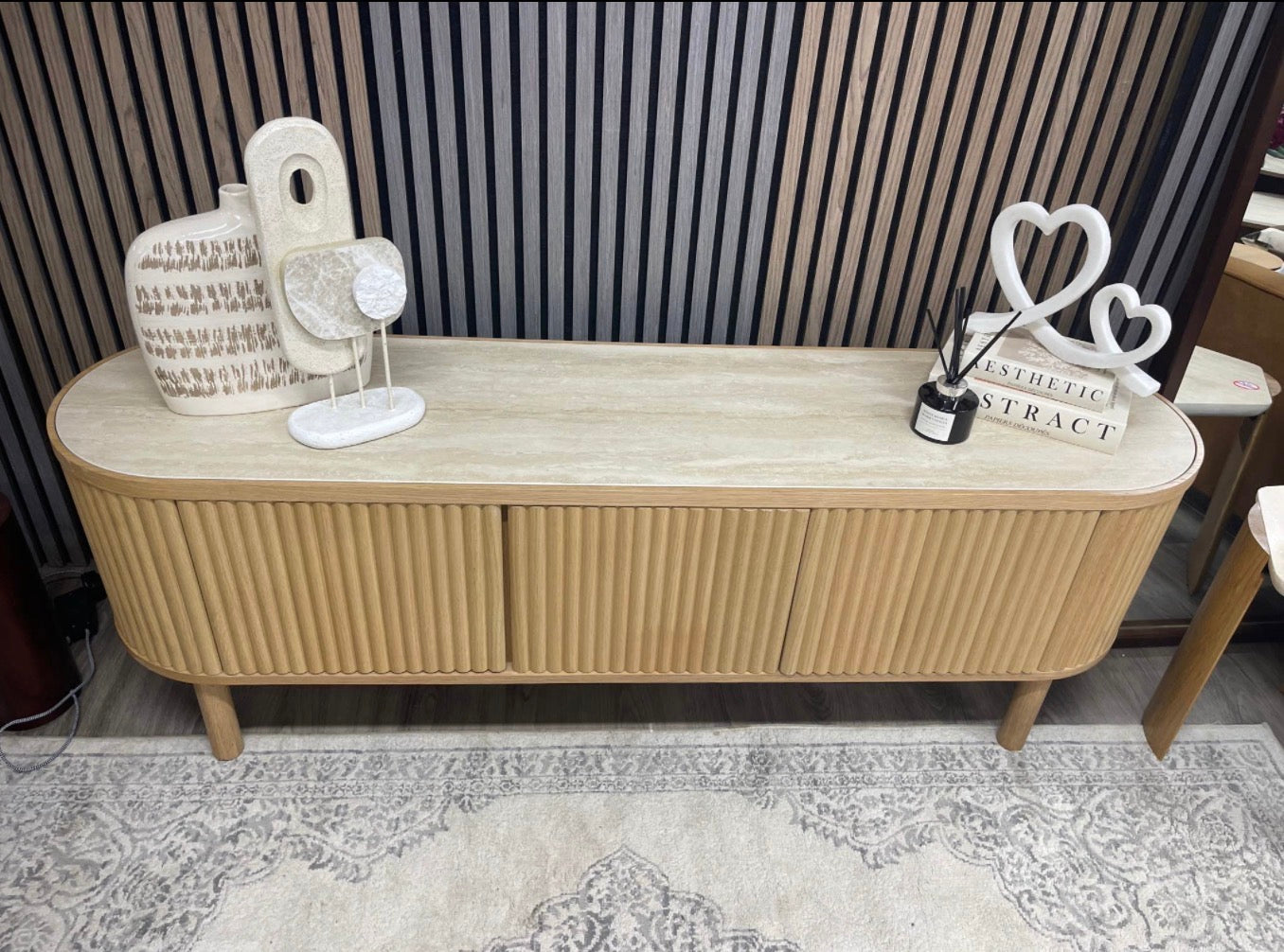 Santana Natural Travertine Stone And Oak Tv Stand