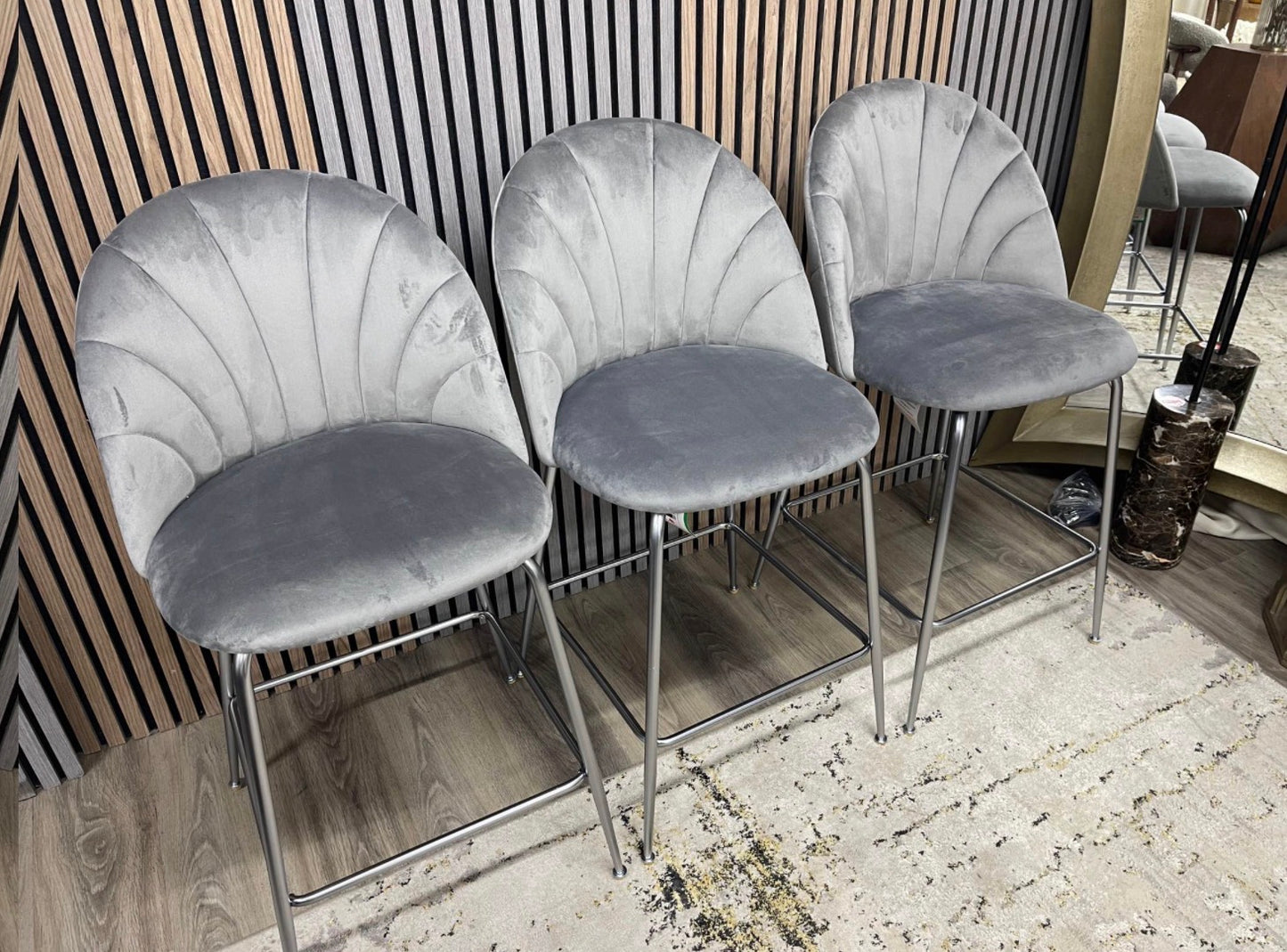 Set Of 3 Grey Velvet Kitchen Stools